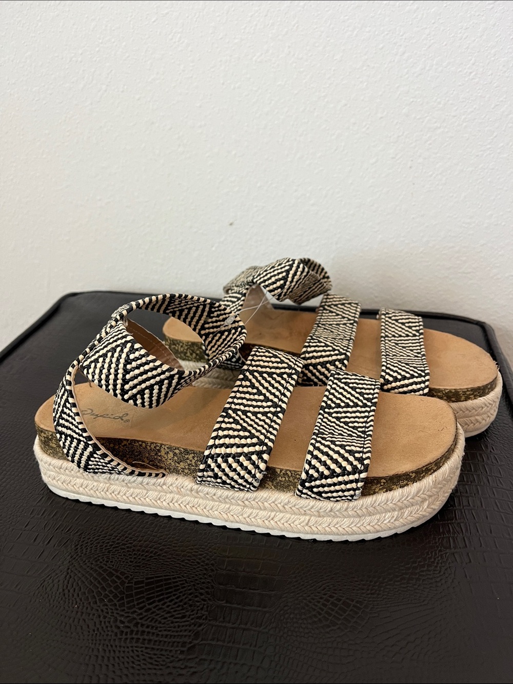 QUPID Black & Tan Striped Espadrille Platform Sandals